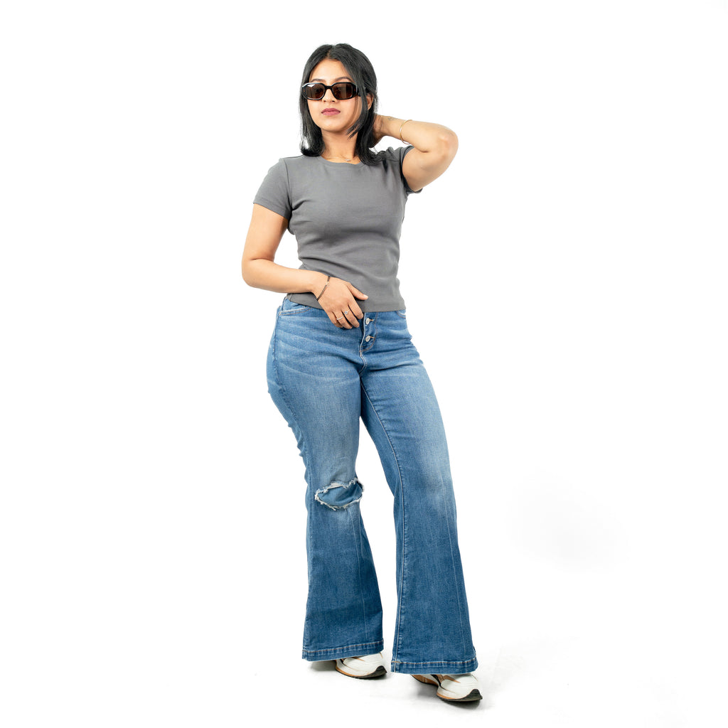 Gray Ribbed Crew Neck Tops for Women