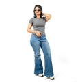 Gray Ribbed Crew Neck Tops for Women