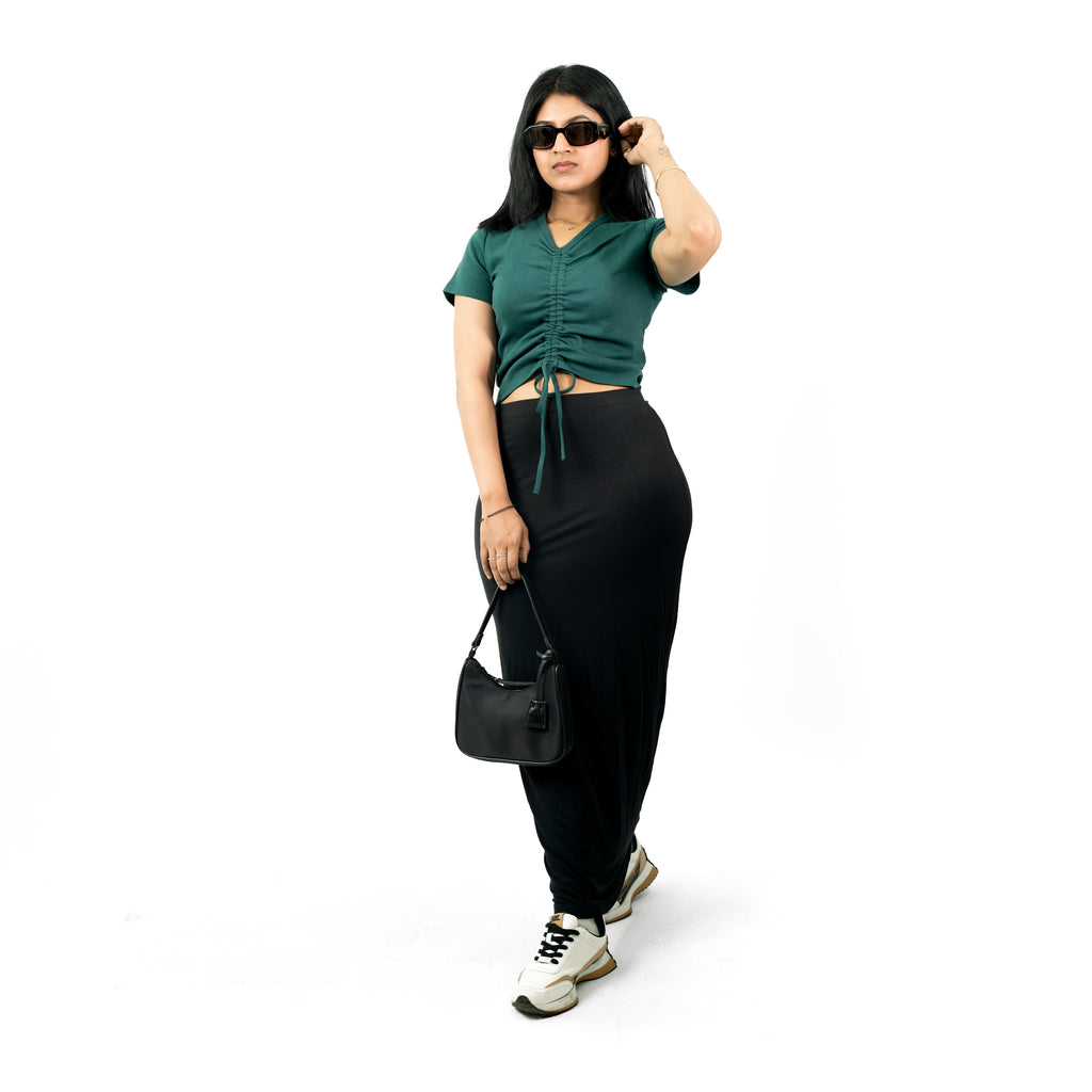 Green Ribbed V Neck string Tops for Women