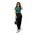 Green Ribbed V Neck string Tops for Women