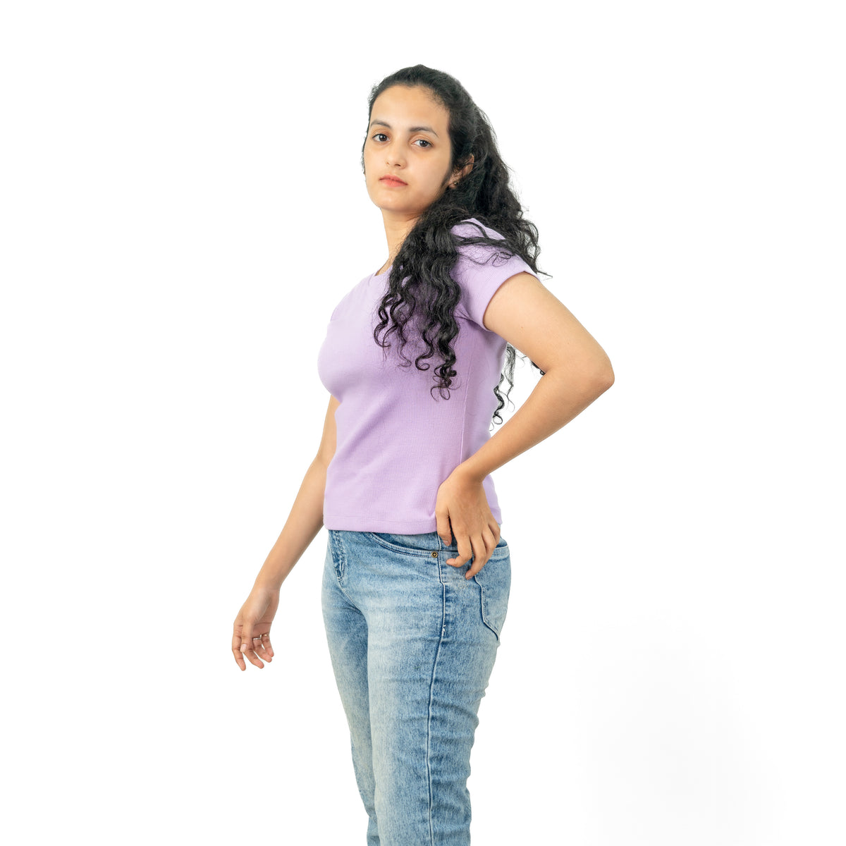 Purple Ribbed Crew Neck Tops for Women