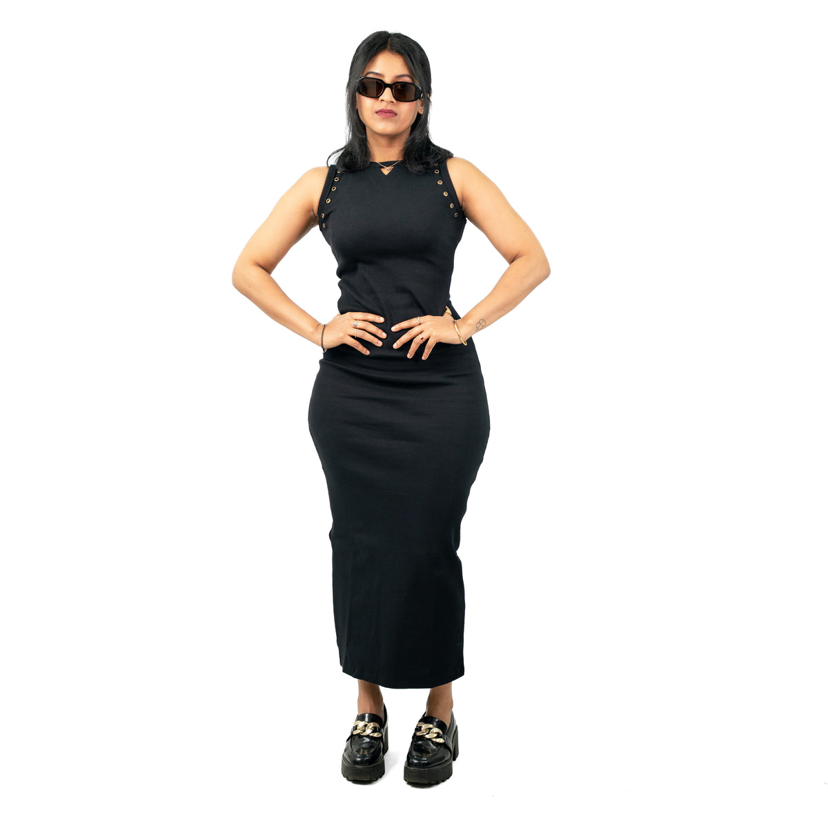 Ribbed Long Black Dress with Grommet Sleeves