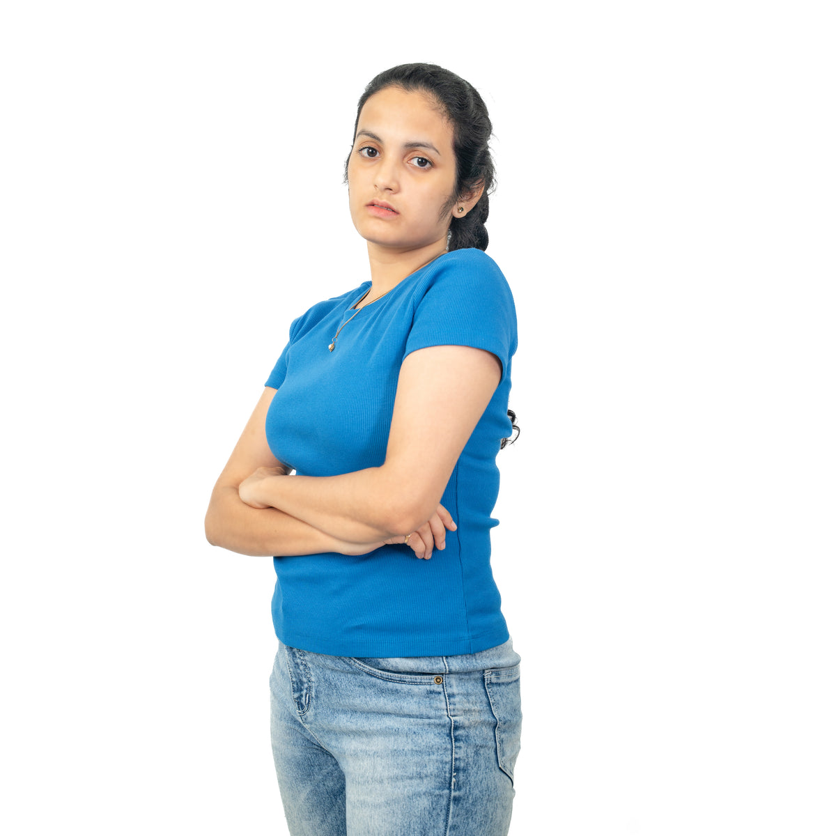 Blue Ribbed Crew Neck Tops for Women