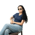 Navy blue Ribbed V Neck string Tops for Women