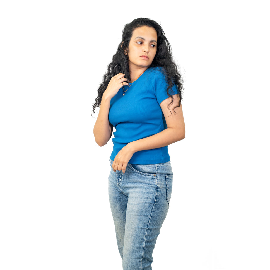 Blue Ribbed Crew Neck Tops for Women