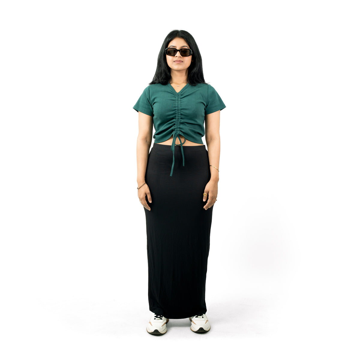 Green Ribbed V Neck string Tops for Women