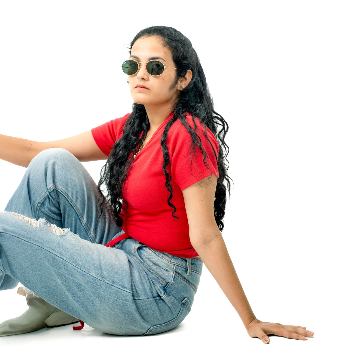 Red Ribbed V Neck string Tops for Women