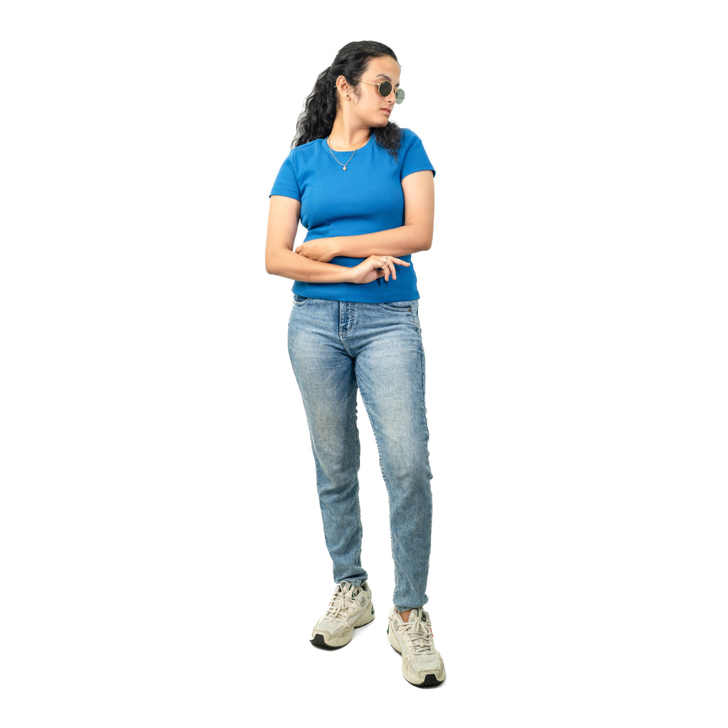 Blue Ribbed Crew Neck Tops for Women