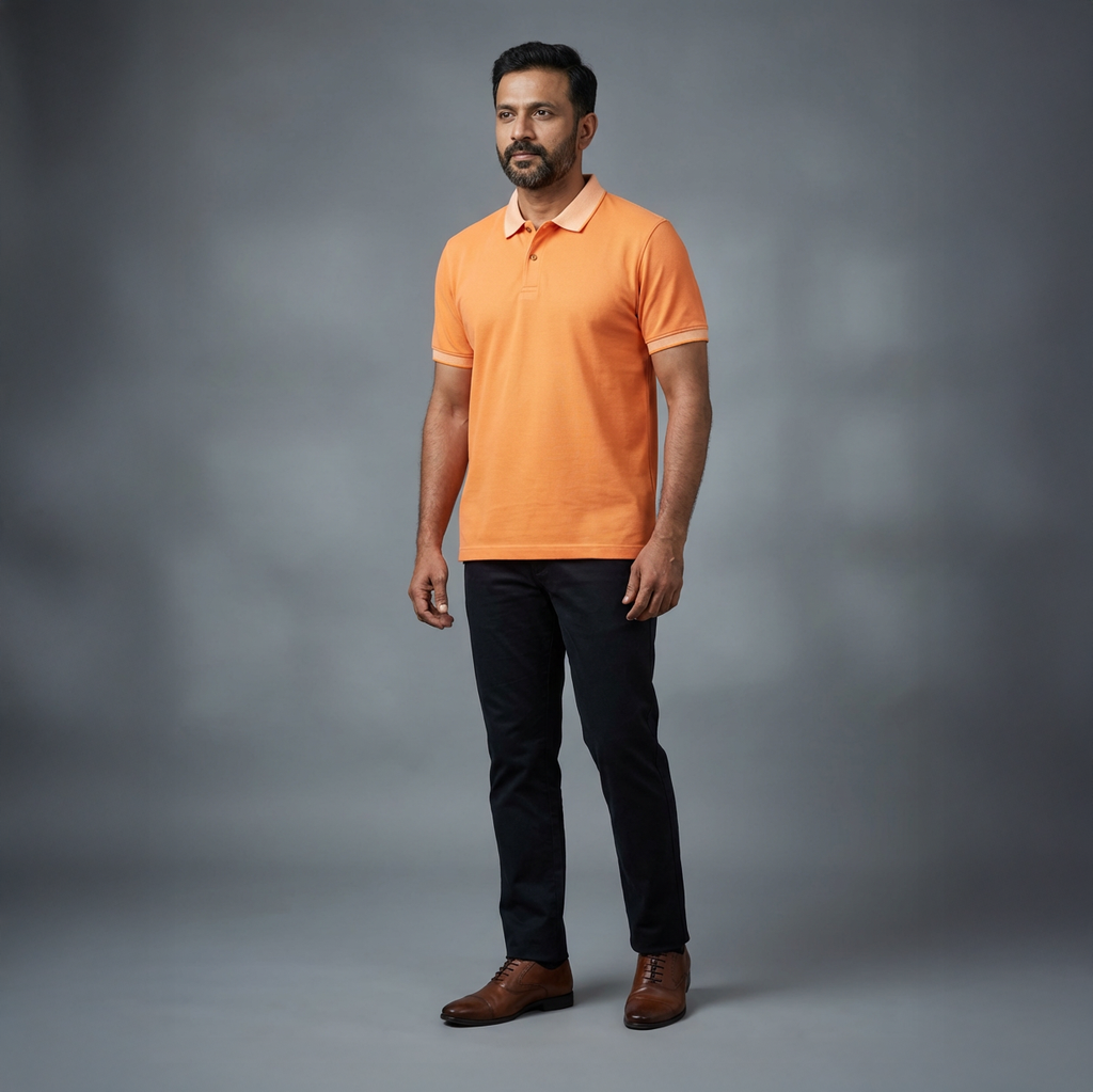 Men’s Solid Orange Cotton Polo T-Shirt with Contrast Collar